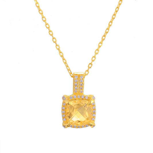 Soleste Halo Square Natural Yellow Crystal Silver Necklace