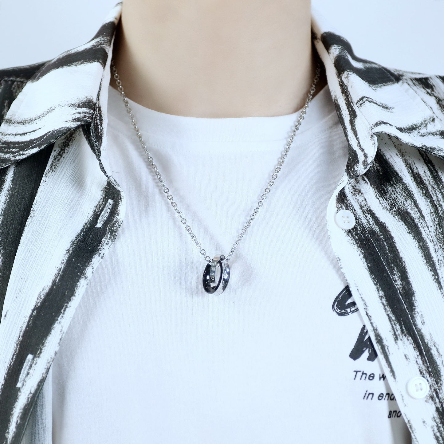 Stainless Steel Necklace Unisex Double Ring Pendant Durable Hip Hop Style Planderful Everyday Genie Couples