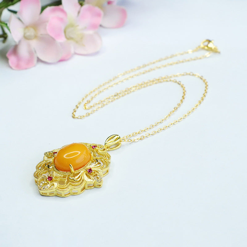 Floral Sterling Silver Necklace with Honey Amber Pendant
