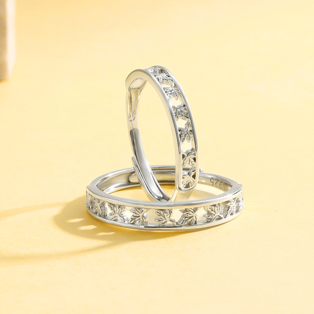 Planderful Everyday Genie S925 Sterling Silver Maple Leaf Couple Ring Women's National Style Simple Personality Niche Design Valentine's Day Gifts for Men and Women