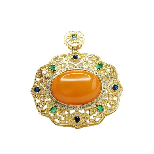 Sterling Silver Palace Style Beeswax Amber Pendant Necklace with Auspicious Cloud Design