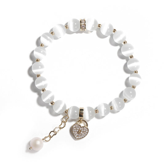 Opal and Pearl Tassel Bracelet with Heart Lock - Sterling Silver