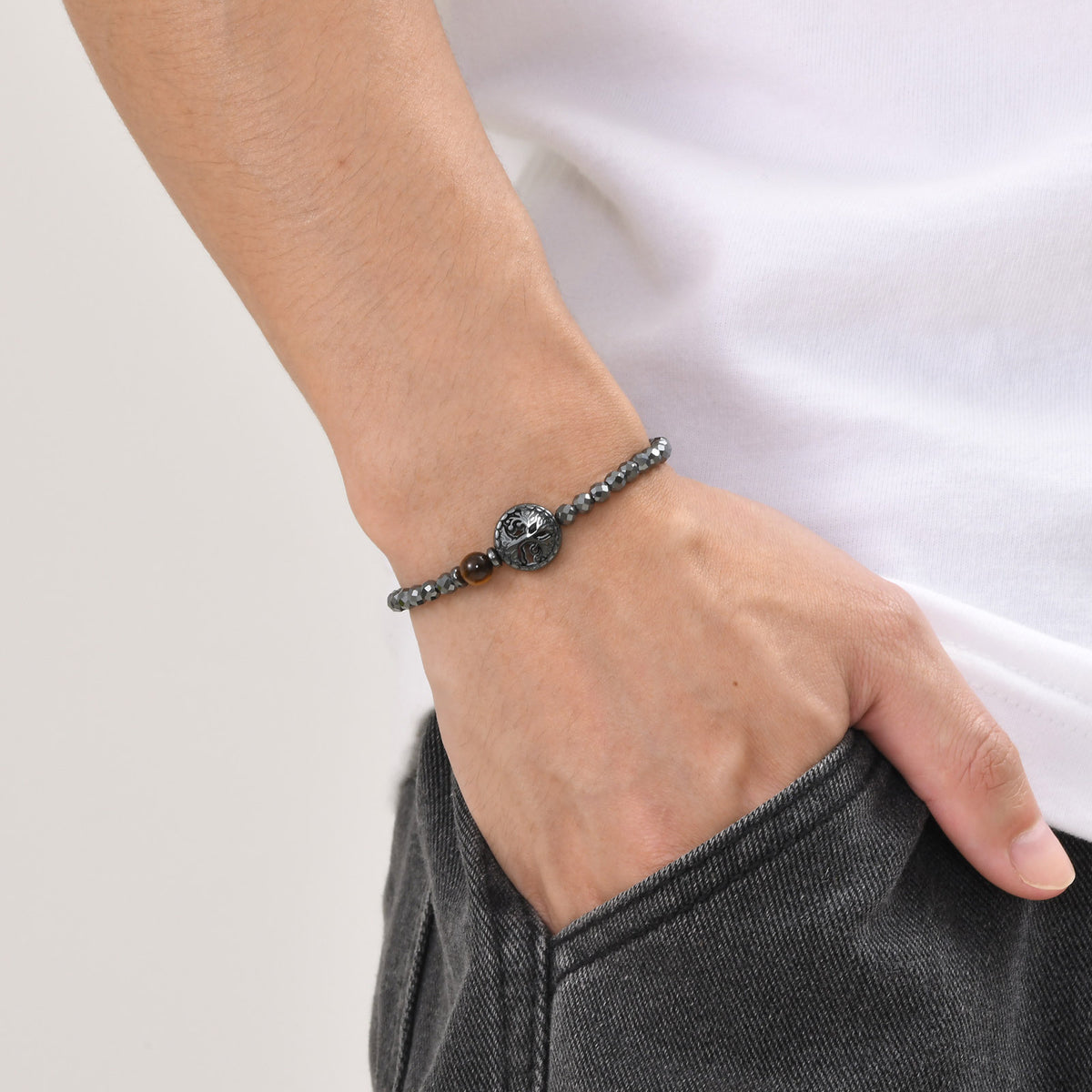 Tree of Life Tiger's Eye Braided Black Stainless Steel Bracelet