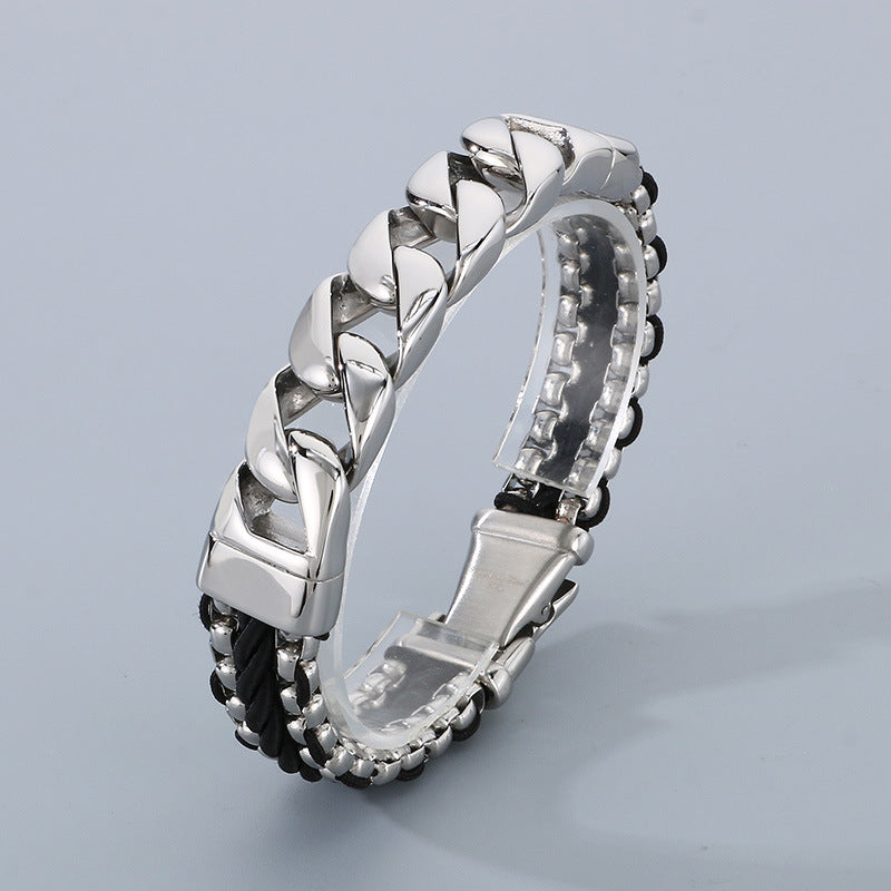 Vintage Chic Magnetic Clasp Leather Bracelet with Custom Titanium Steel Cuban Link and Genuine Cowhide for Men