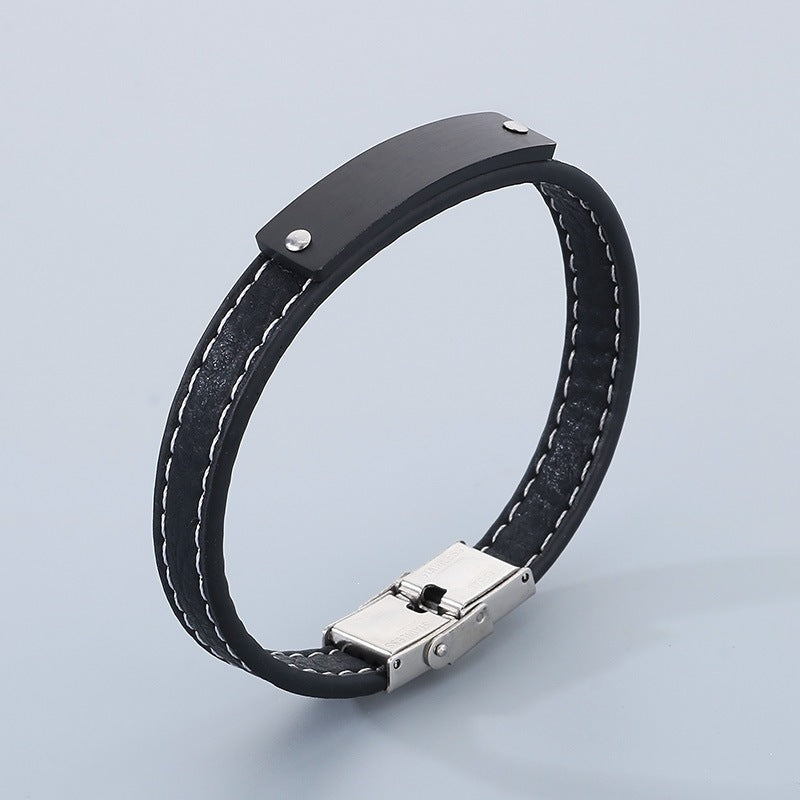 Stainless Steel Curved Bar Men's Bracelet – Business Leather Bracelet
