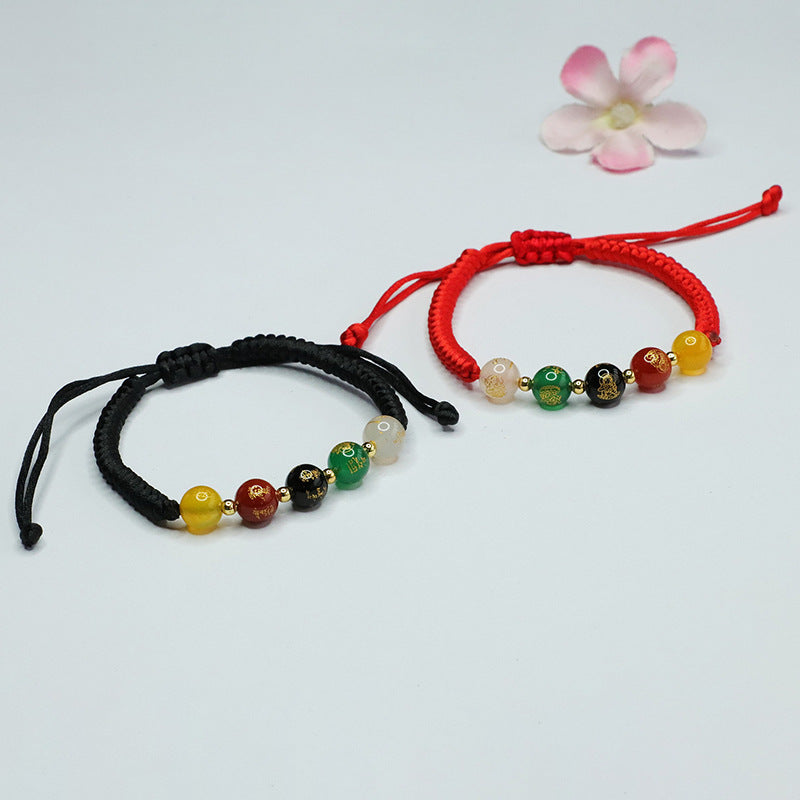Five Gods of Wealth Sterling Silver Bracelet with Natural Agate and Chalcedony