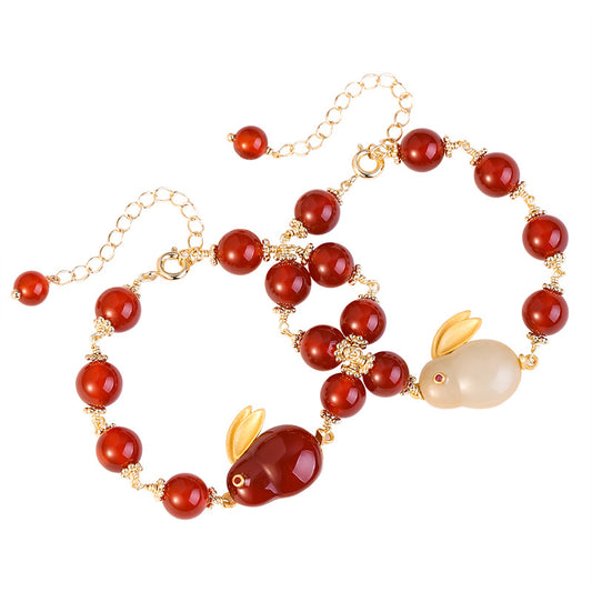 Natural Hotan Jade Rabbit Bracelet with 14K Gold Plated Red Agate Tail Chain