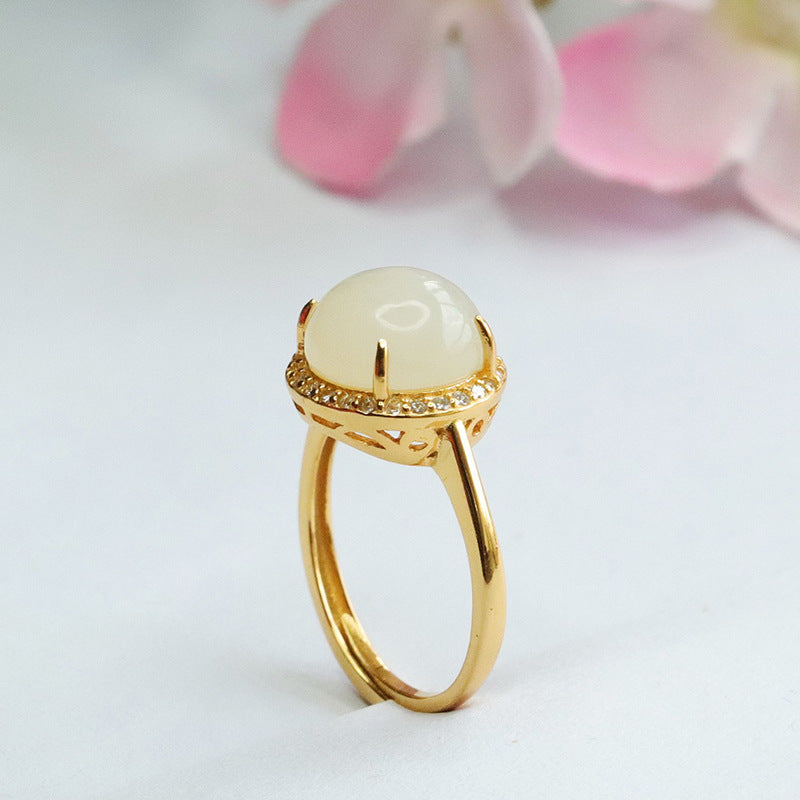 925 Sterling Silver Hetian Jade Round Cabochon Ring