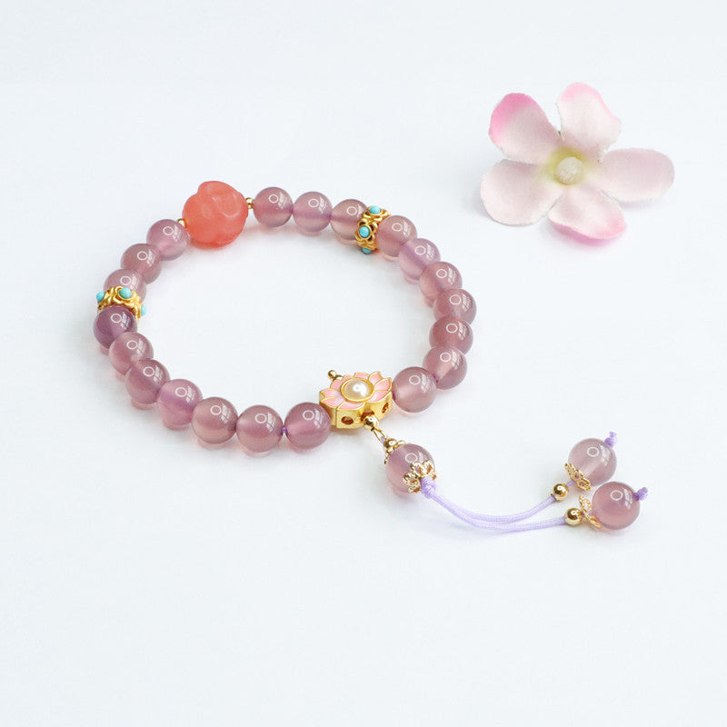 Purple Chalcedony Buddha Head Bracelet with Lotus Tassel