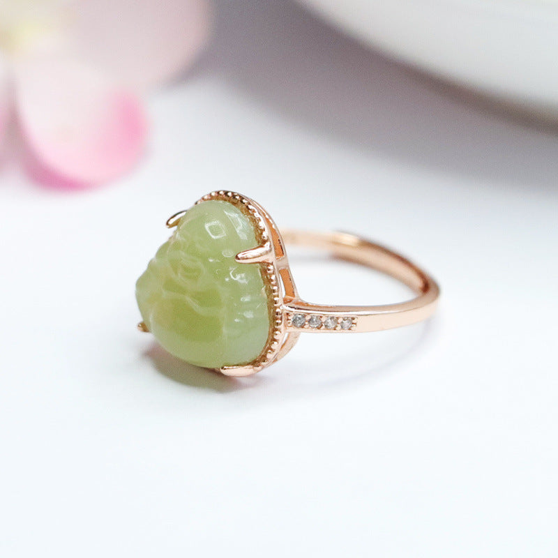 925 Sterling Silver Hetian Jade Buddha Ring