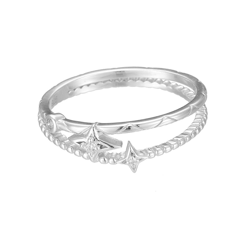 Double-Layer Hollow Star Zircon Sterling Silver Ring Cold Wind Ring Jewelry