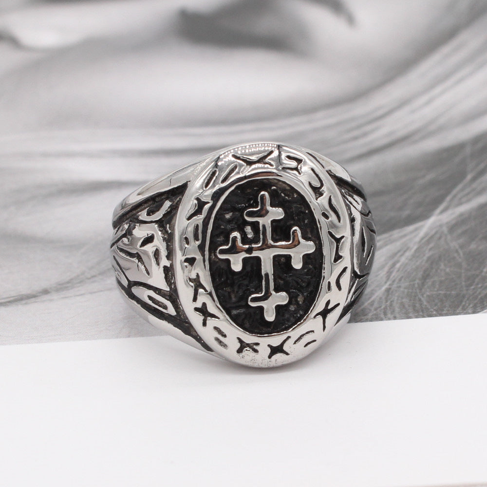 Saint Latin Cross Oval Titanium Steel Ring for Men