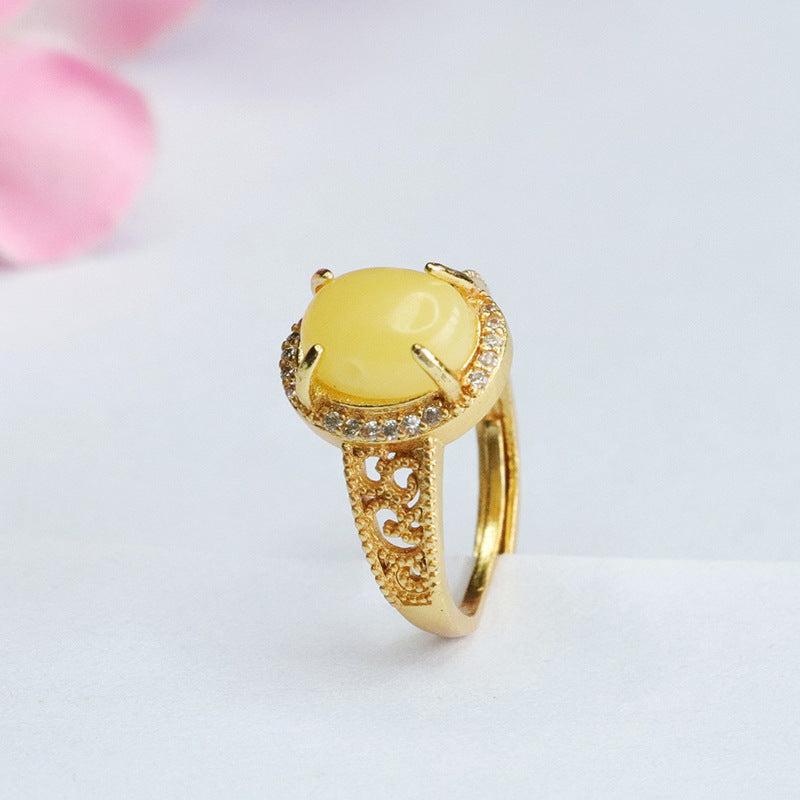 Amber Halo Sterling Silver Adjustable Ring