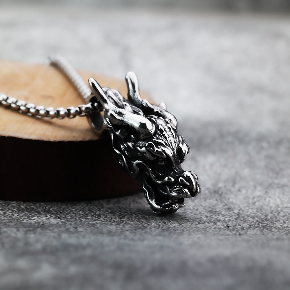 European And American Retro Stainless Steel Men's Dragon Head Pendant Necklace
