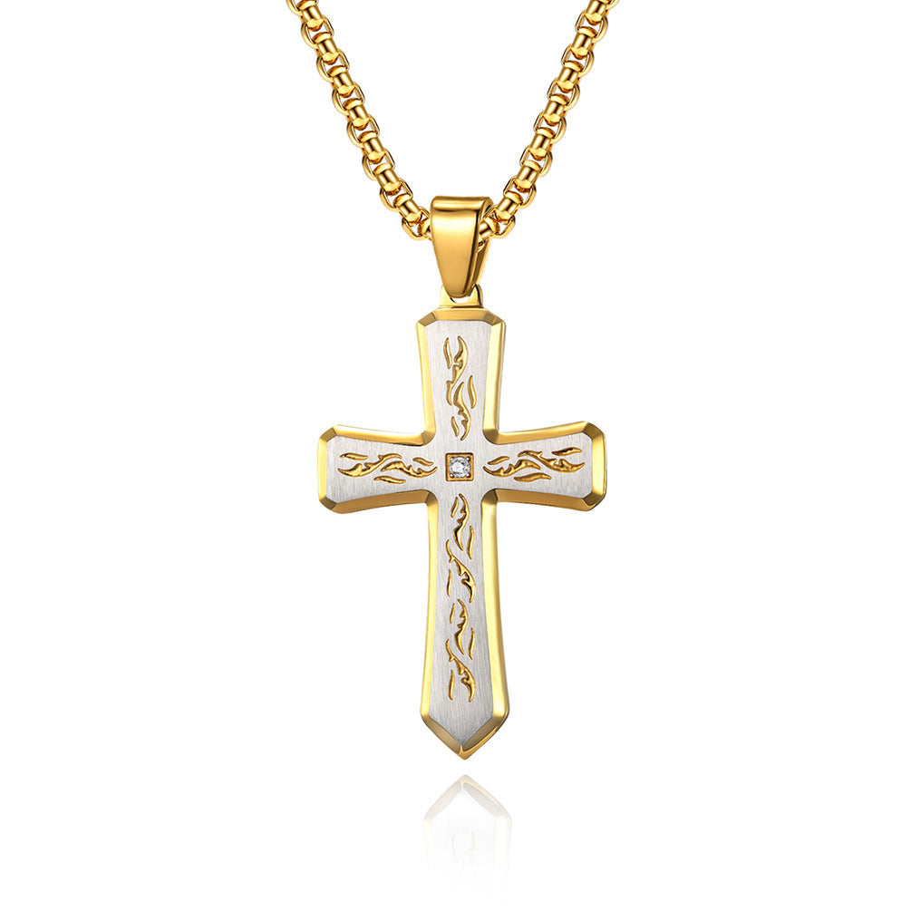 Planderful Flame Cross Pendant Necklace For Men Stainless Steel Versatile Hip Hop Style Everyday Genie