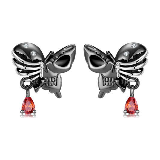 Halloween Skull Body Skeleton Butterfly Pear Shape Red Zircon Silver Stud Earrings