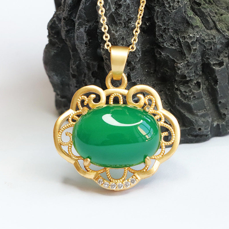 Ethnic Style Jewelry Oval Emperor Green Chalcedony Hollow Ruyi Pendant Necklace