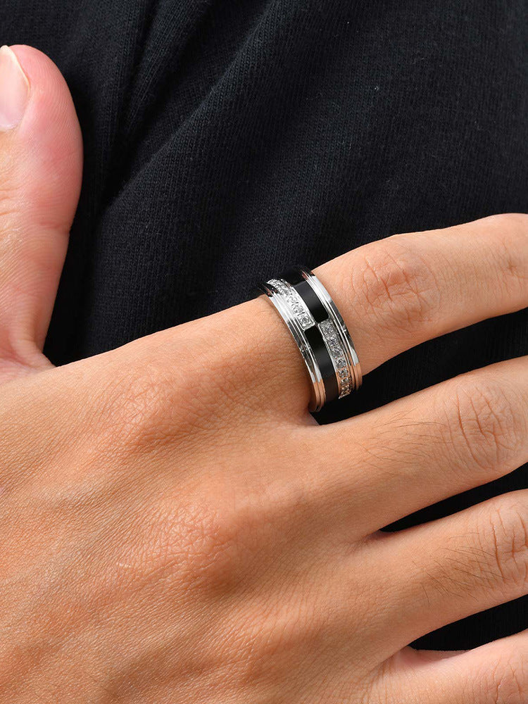 Stainless Steel Men's Cold Wind Single Ring Men's Black & White Zircon