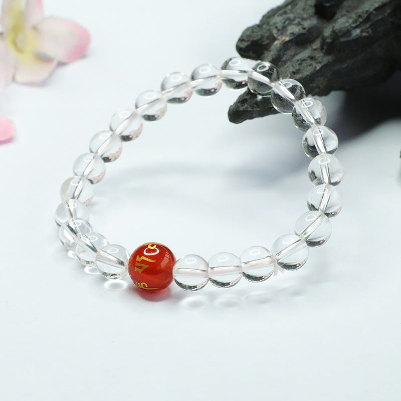 Red Agate and White Crystal Fortune Bracelet with Six-character Proverbs