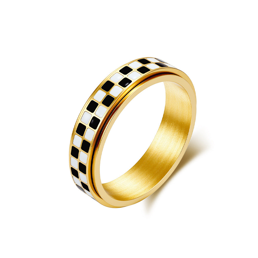 Planderful Rotating Plaid Ring For Women Black And White Niche Design High End Steel Jewelry