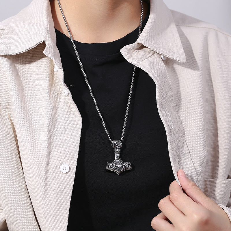Steel Necklace - Statement Viking Thor's Hammer Pendant For Men Everyday Wear Gift Idea