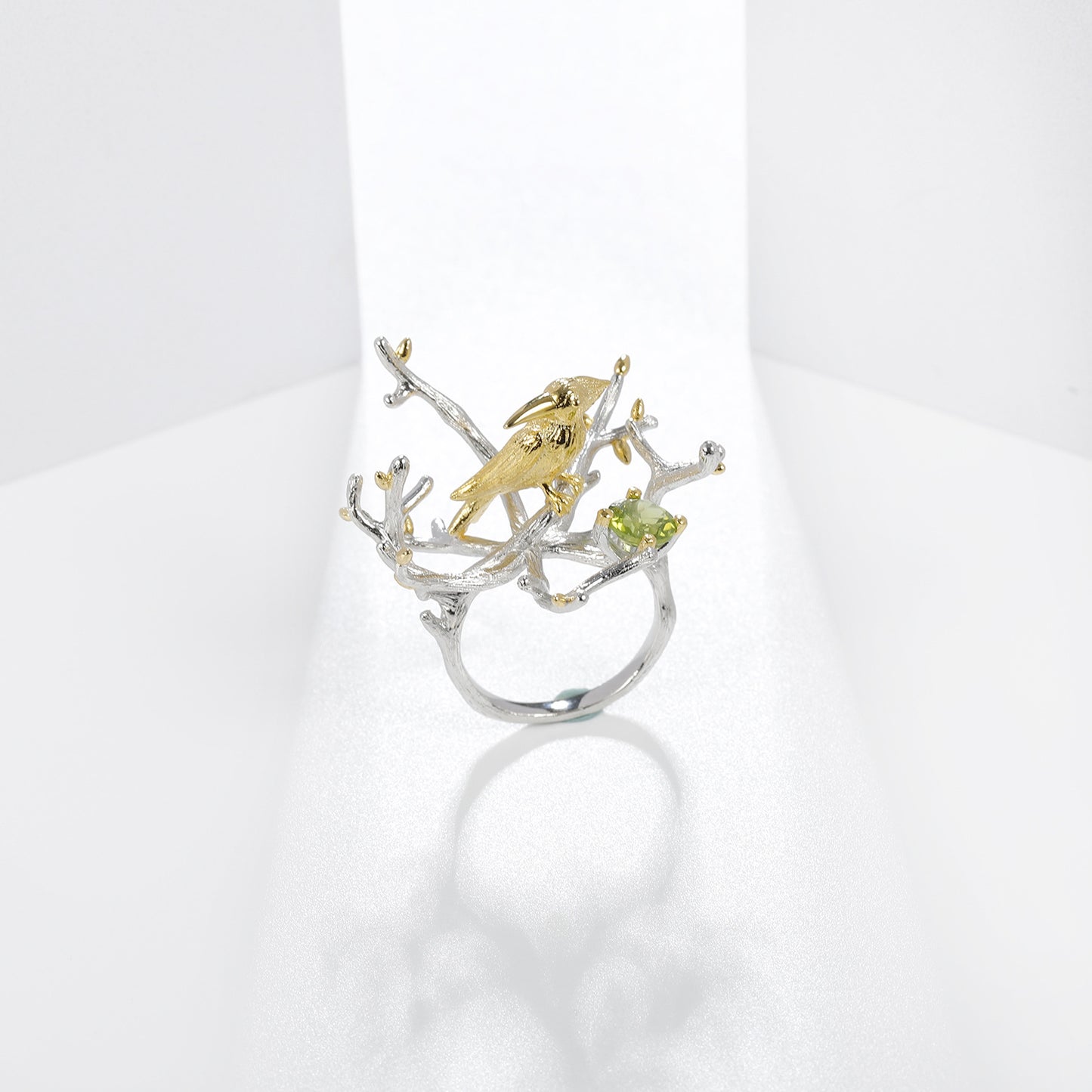Creative Branches and Bird Natural Gemstone Silver Ring