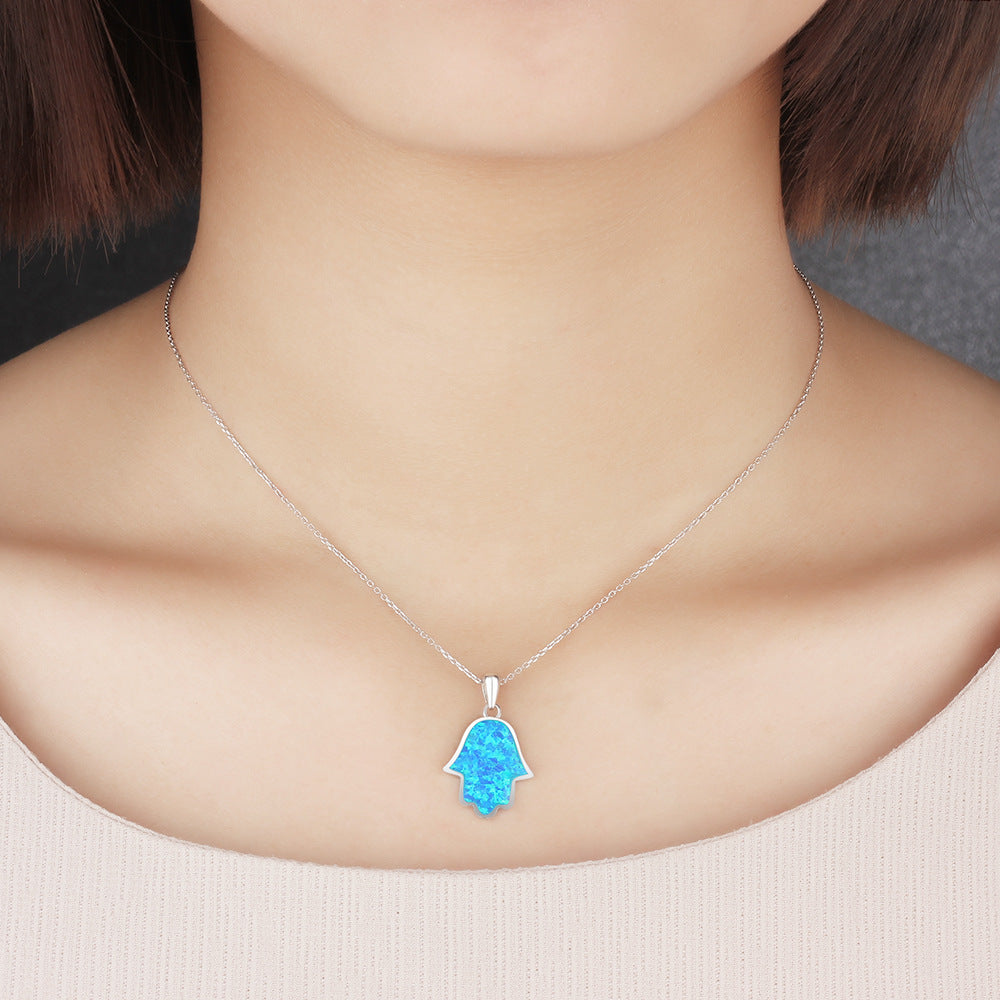 Planderful Jewelry Sterling Silver Blue Opal Palm Necklace For Women Elegant Everyday Accessory