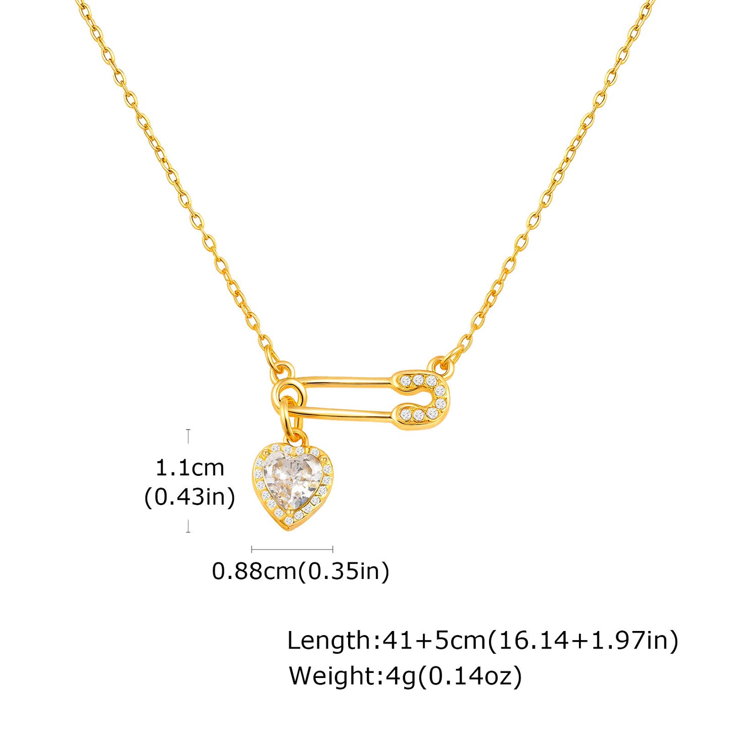 Stainless Steel Flat Cross Chain Heart-Shaped Zircon Copper Pin Necklace