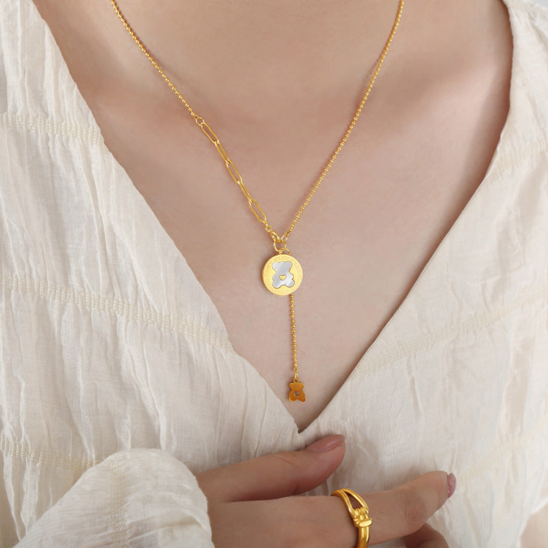 Sweet Cartoon Bear Shell Tassel Necklace - Women's Titanium Steel Gold-Plated Jewelry