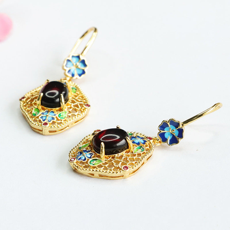 Blood Amber Enamel Floral Drop Earrings