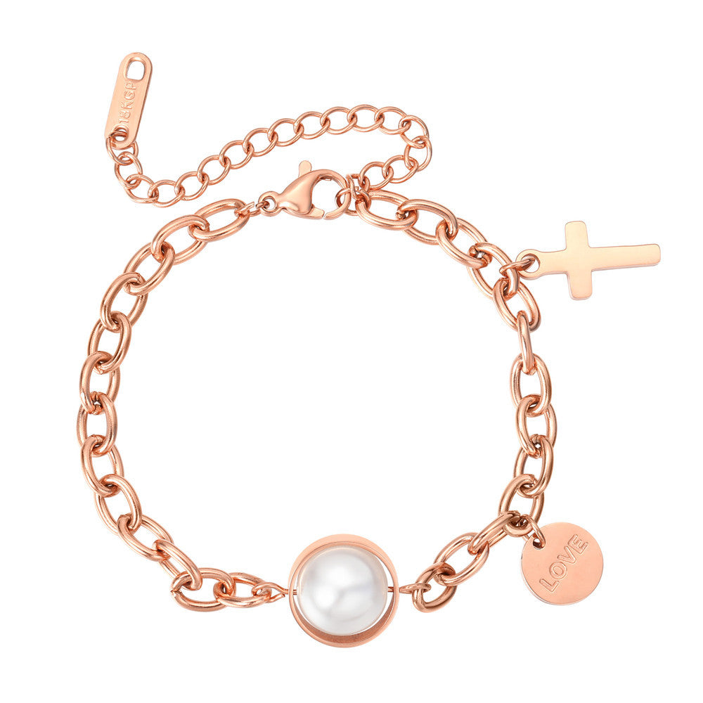 Planderful Pearl Cross Bracelet For Women Titanium Steel Durable Elegant Everyday Statement Accessory