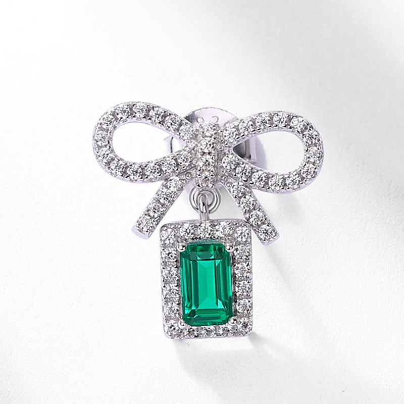 S925 Sterling Silver Lab-Grown Emerald Bow Stud Earrings