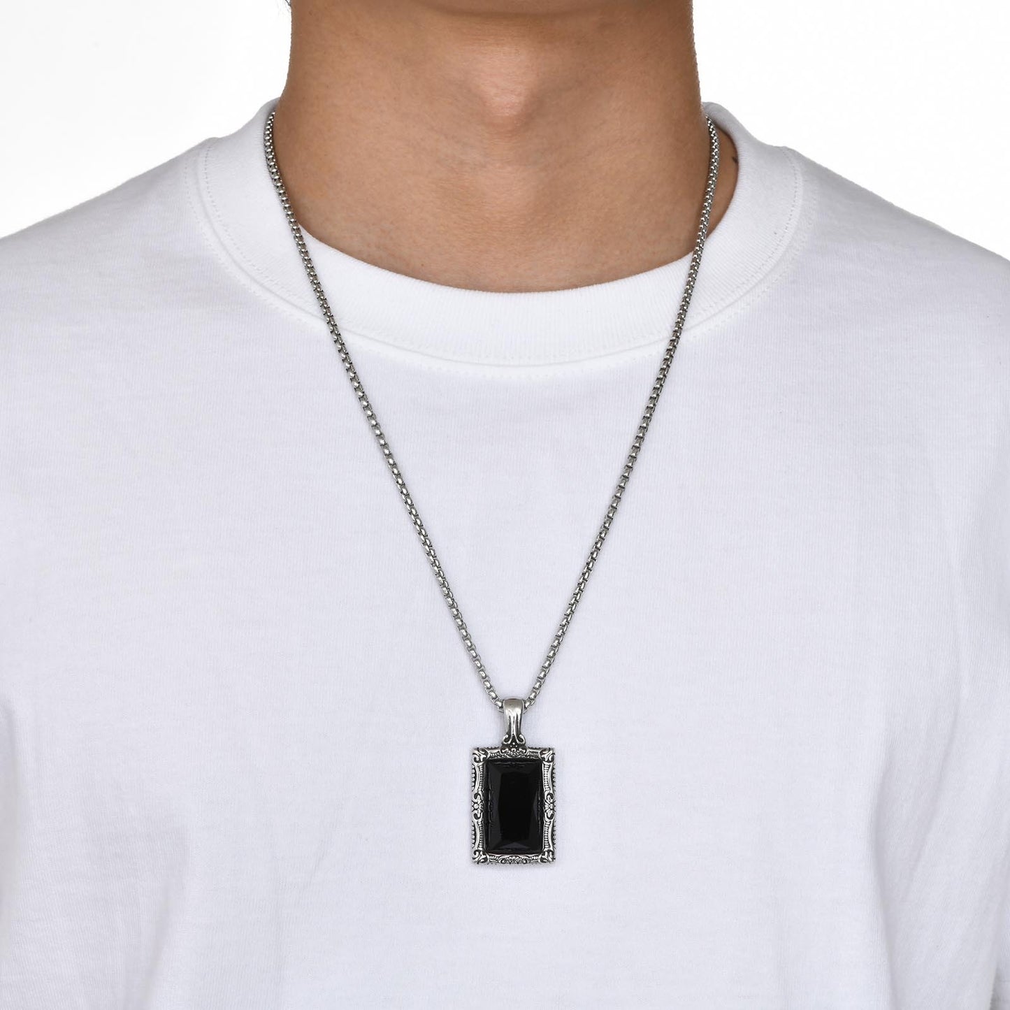 Planderful Titanium Steel Pendant Necklace For Men With Square Black Glass Frame Durable Masculine Style