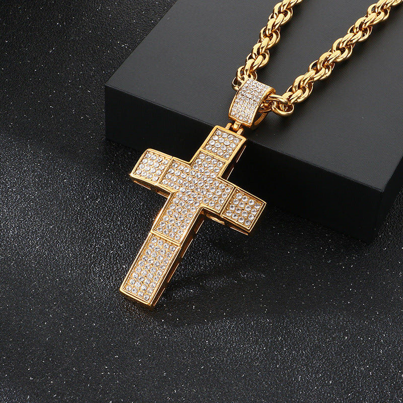 Twist Chain Hip Hop Inlaid With Zircon Double Cross Hollow Pendant Stainless Steel Necklace