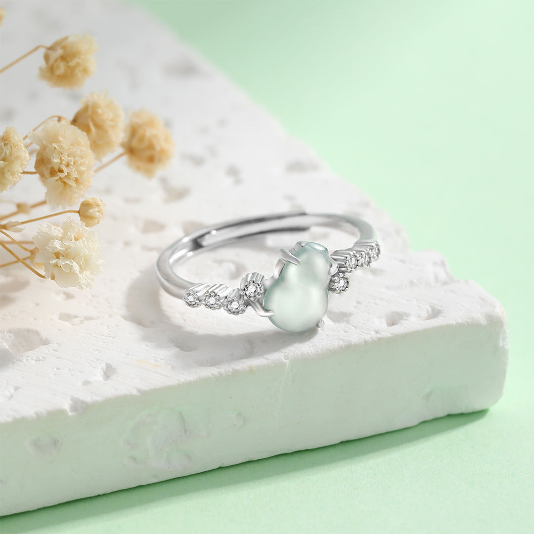 Planderful Jade Ring For Women 925 Sterling Silver Gourd Design Adjustable Chinese Retro Luxury