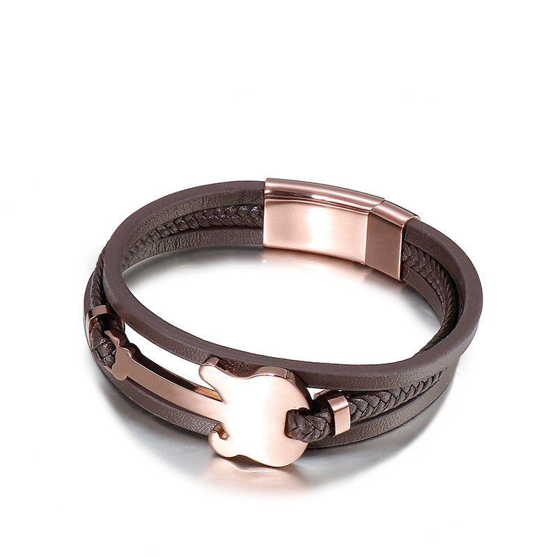 Planderful Titanium Steel Mini Guitar Leather Bracelet Men