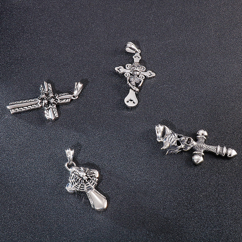 Men's Titanium Steel Skull Pendant with Cross Spider Design