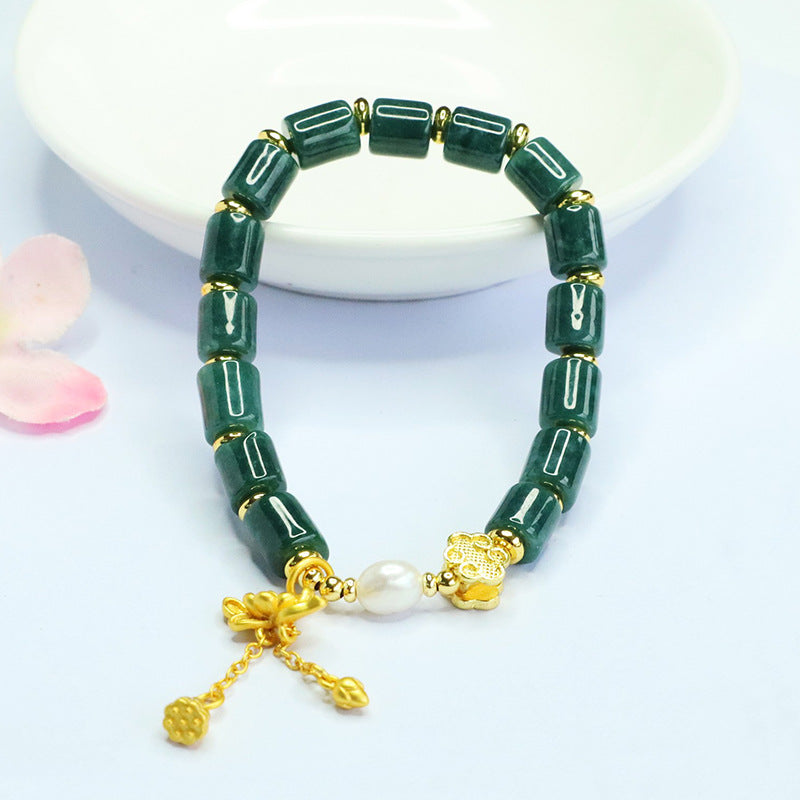 Blue Water Jadeite Ruyi & Barrel Bead Beaded Bracelet