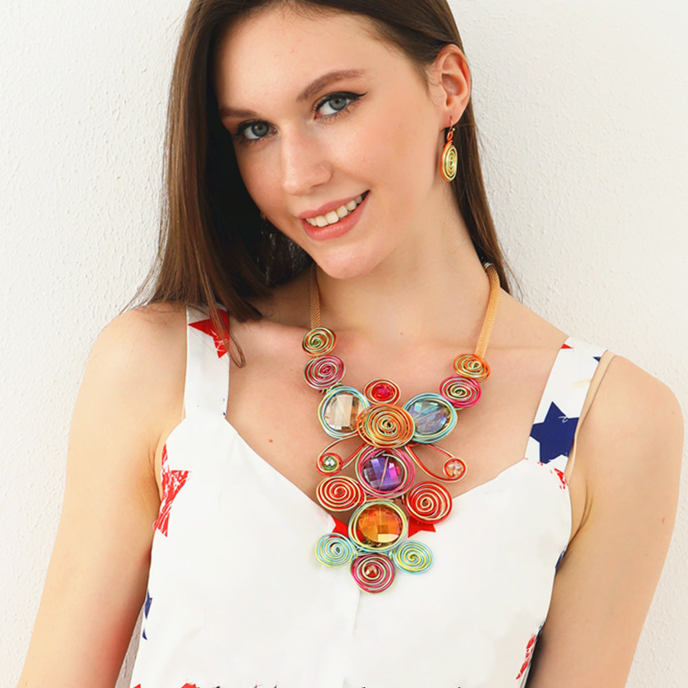 Extravagant Gemstone Aluminum Wire Weave Necklace Set - Handcrafted Jewelry with European and American Influence