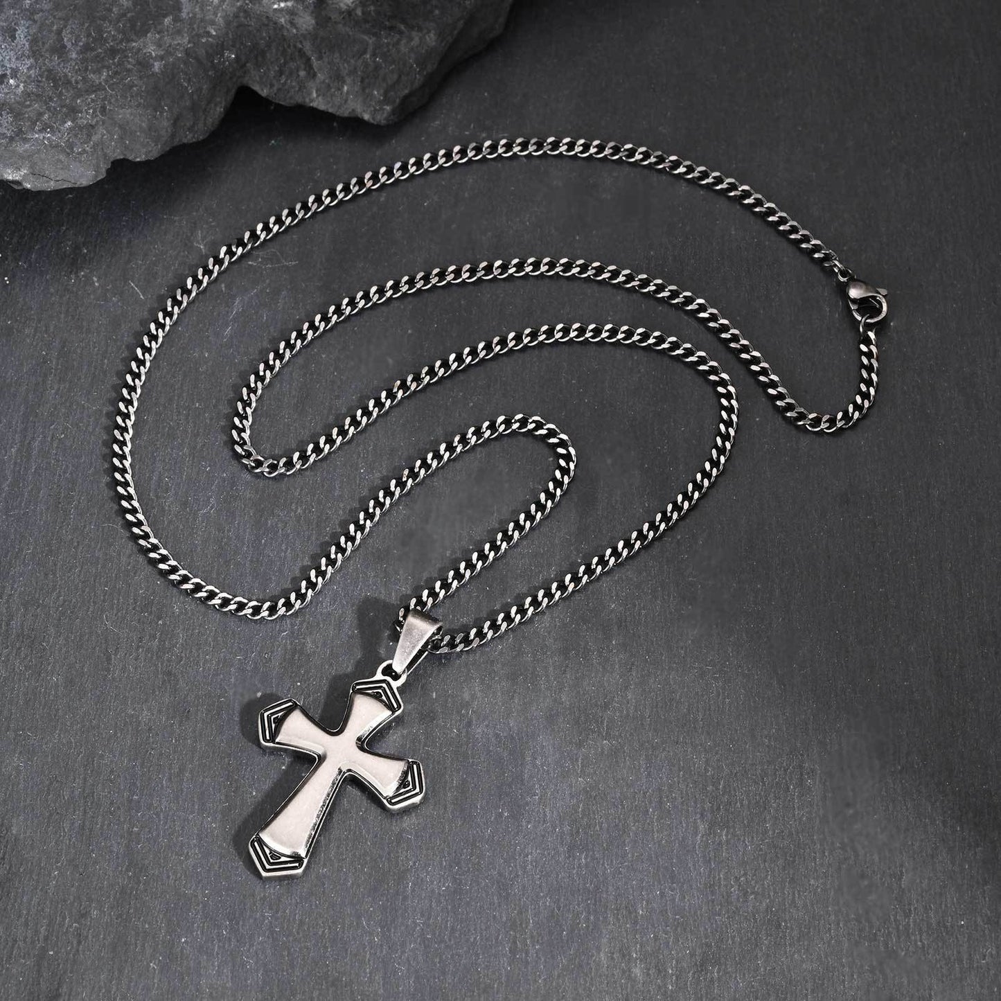 Stainless Steel Baked Black Lacquer Cut Cross Pendant Necklace