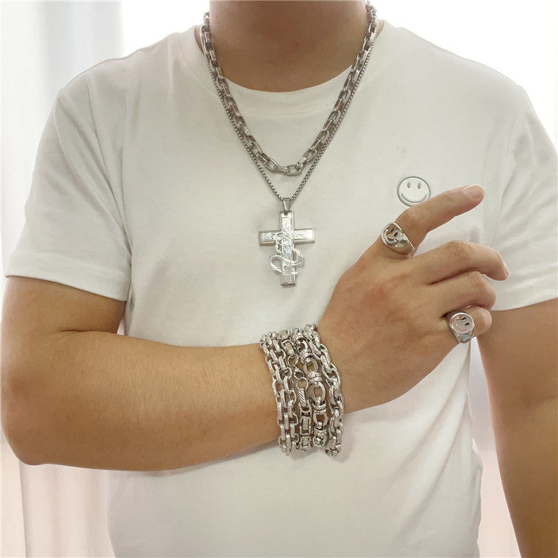 Trendy Men's Retro Dragon Cross Pendant Necklace in Titanium Steel