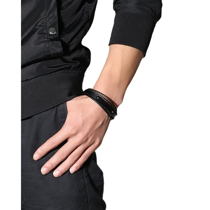 Stainless Steel Leather Bracelet 21CM Fashionable Men's Jewelry