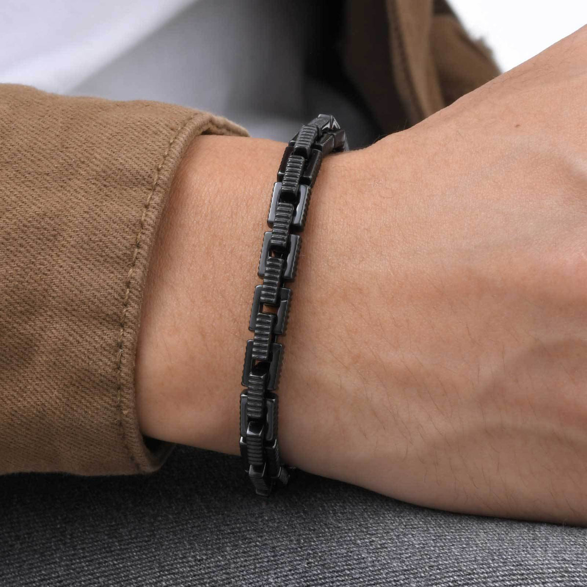 Hip Hop Men's Stainless Steel Embossed Square Handmade Chain Bracelet Black