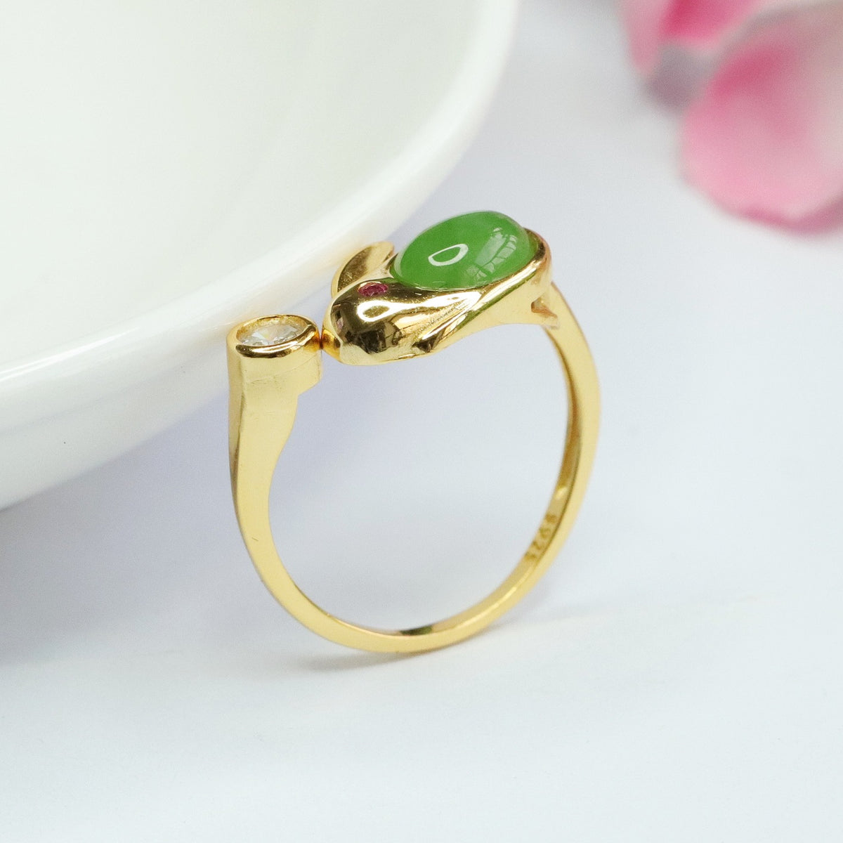 925 Sterling Silver Hetian Jasper Rabbit Ring