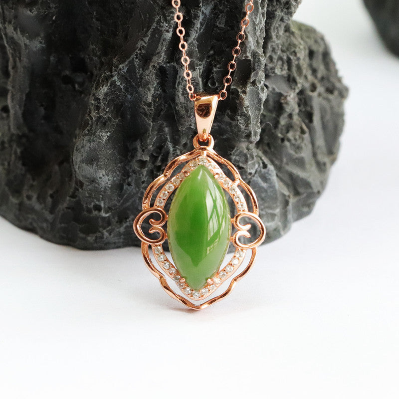 S925 Sterling Silver Hotan Jade Necklace with Marquise Jasper Pendant