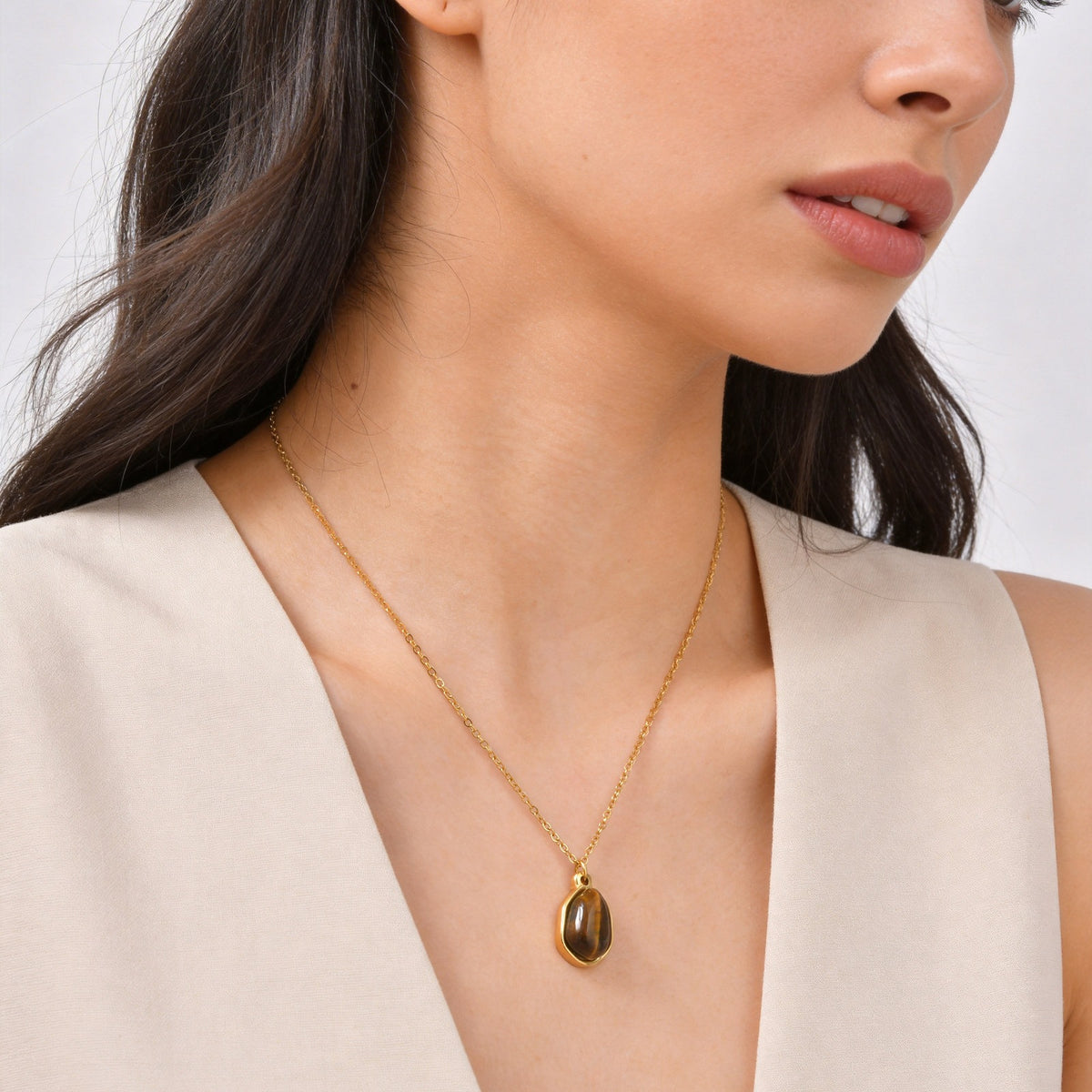 Stainless Steel Design Natural Tiger's Eye Stone Collarbone Necklace