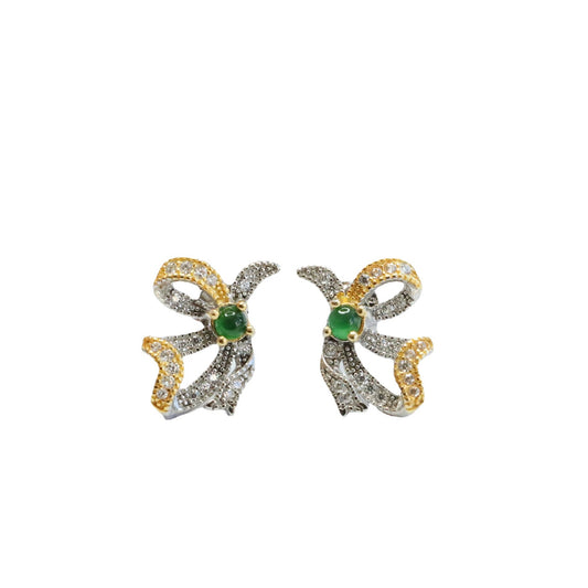 Golden Bow Green Jade Sterling Silver Earrings