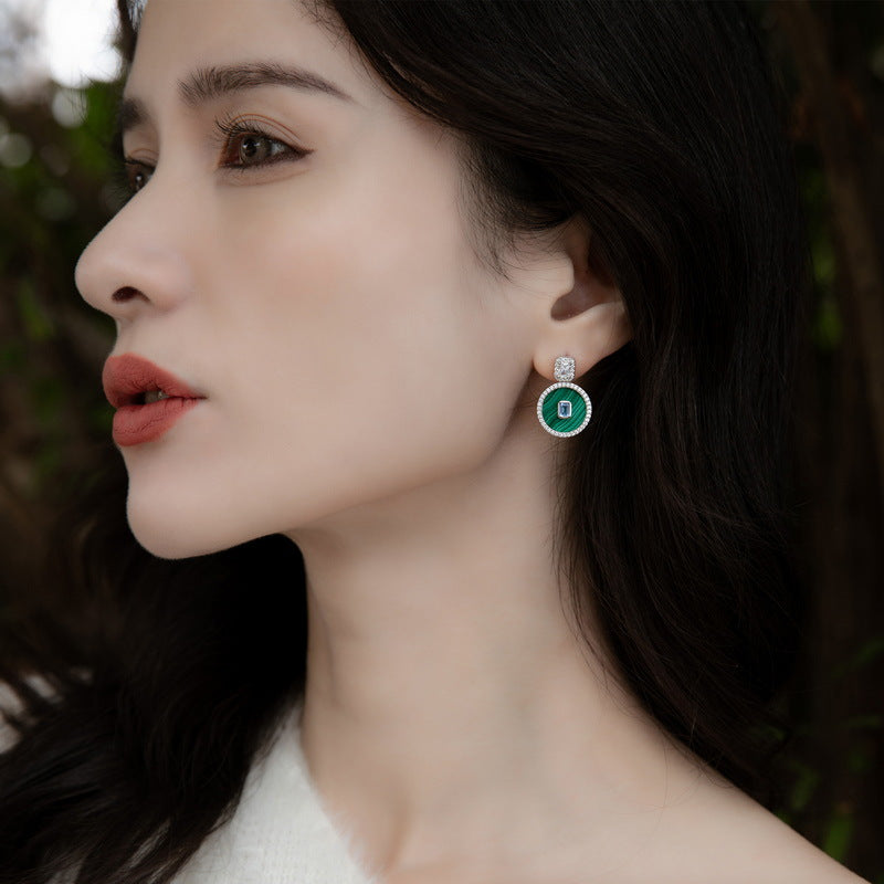 Round Shape Malachite Pendant Blue and White Zircon Sterling Silver Drop Earrings