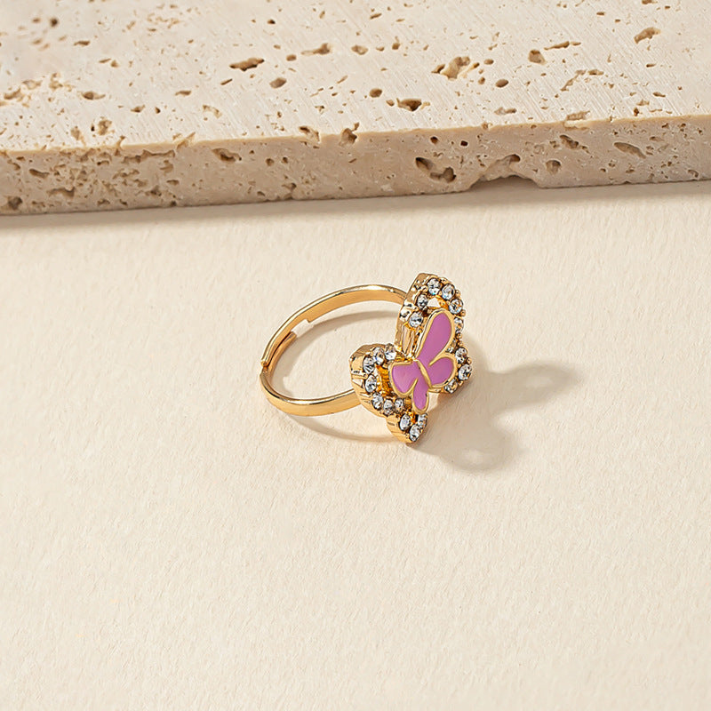 Pink Butterfly Charm Ring - Elegant European Style