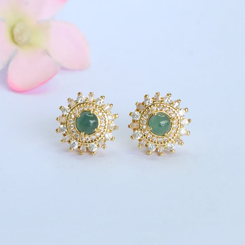 Blue-Water Jadeite Sunflower Stud Earrings